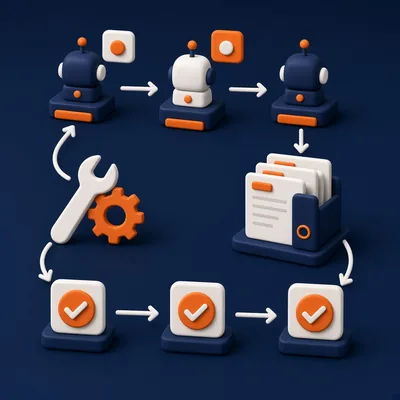 Robot agent modules linked in a workflow with tools, a document library for retrieval and completed task checks – autonomous AI agents course