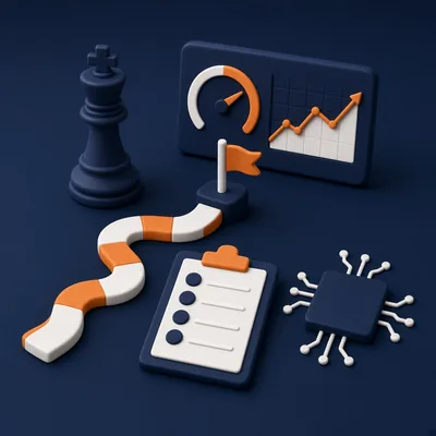 Chess king, strategy roadmap with flag, monitoring dashboard, compliance checklist and AI chip – executive AI strategy and governance course