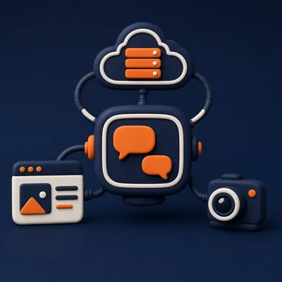 Chatbot screen connected to a cloud server, web app window and camera for computer vision – AI chatbots and cloud integrations course