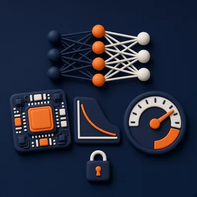 Neural network layers, GPU chip, falling loss curve, performance gauge and security lock – deep learning and neural networks course