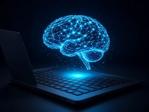 Glowing AI neural network above a laptop for the AI for marketing and business course