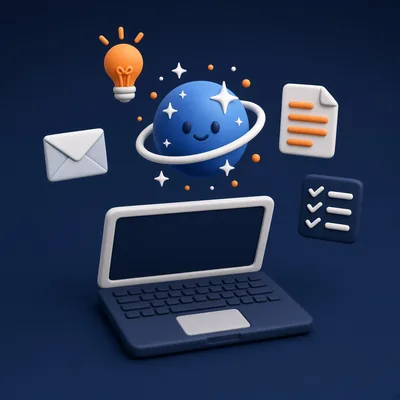 Glowing AI sparkle orb above a laptop with idea bulb, email, document and checklist icons – Introduction to Generative AI course in Islamabad
