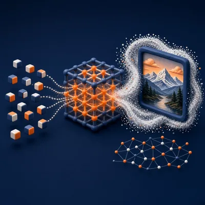 Text tokens flowing into a neural network cube that turns noise into a landscape image, with an embeddings node map – LLMs and image generation course