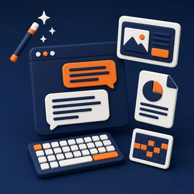AI chat window with prompt and reply bubbles, keyboard, slides, report and spreadsheet – prompt engineering course in Islamabad