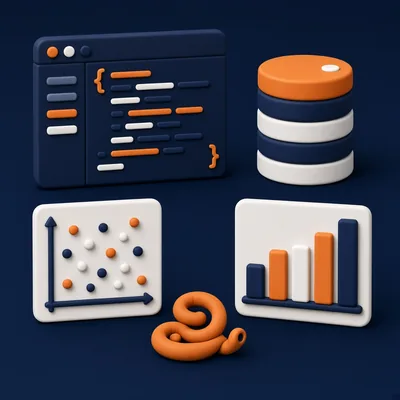 Code editor window, database stack, scatter plot and bar chart – Python and data science for AI course in Islamabad