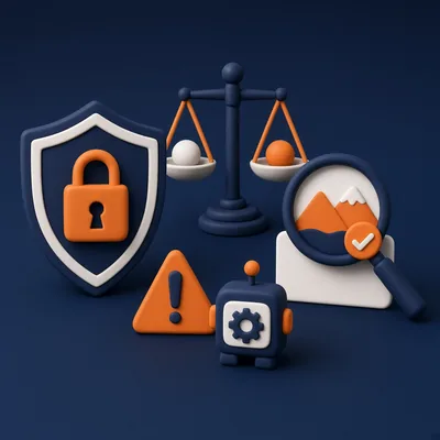 Shield with padlock, ethics scale, magnifier verifying an image and a small robot with warning sign – responsible AI and digital safety course