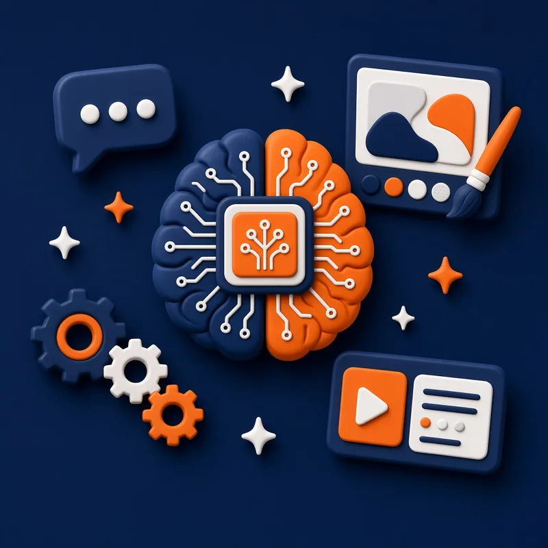 AI chip brain surrounded by chat window, design canvas with paintbrush, ad banner and automation gears – AI tools for digital marketers course in Islamabad