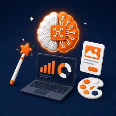 AI brain chip above a laptop with magic wand, ad card and colour palette – AI tools for digital marketers course