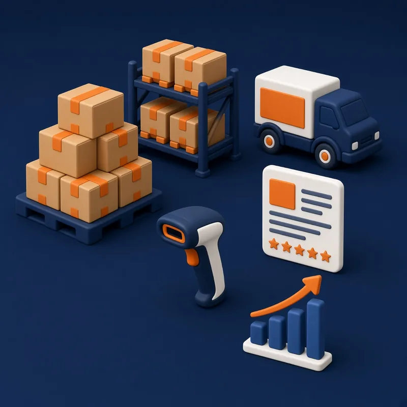 Shipping boxes on a pallet, warehouse shelf, barcode scanner, delivery truck and five-star product listing – Amazon FBA course in Islamabad