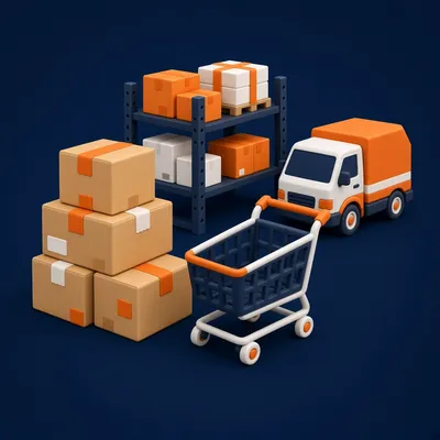Parcels, warehouse shelf, shopping cart and delivery truck – Amazon marketplace and FBA course