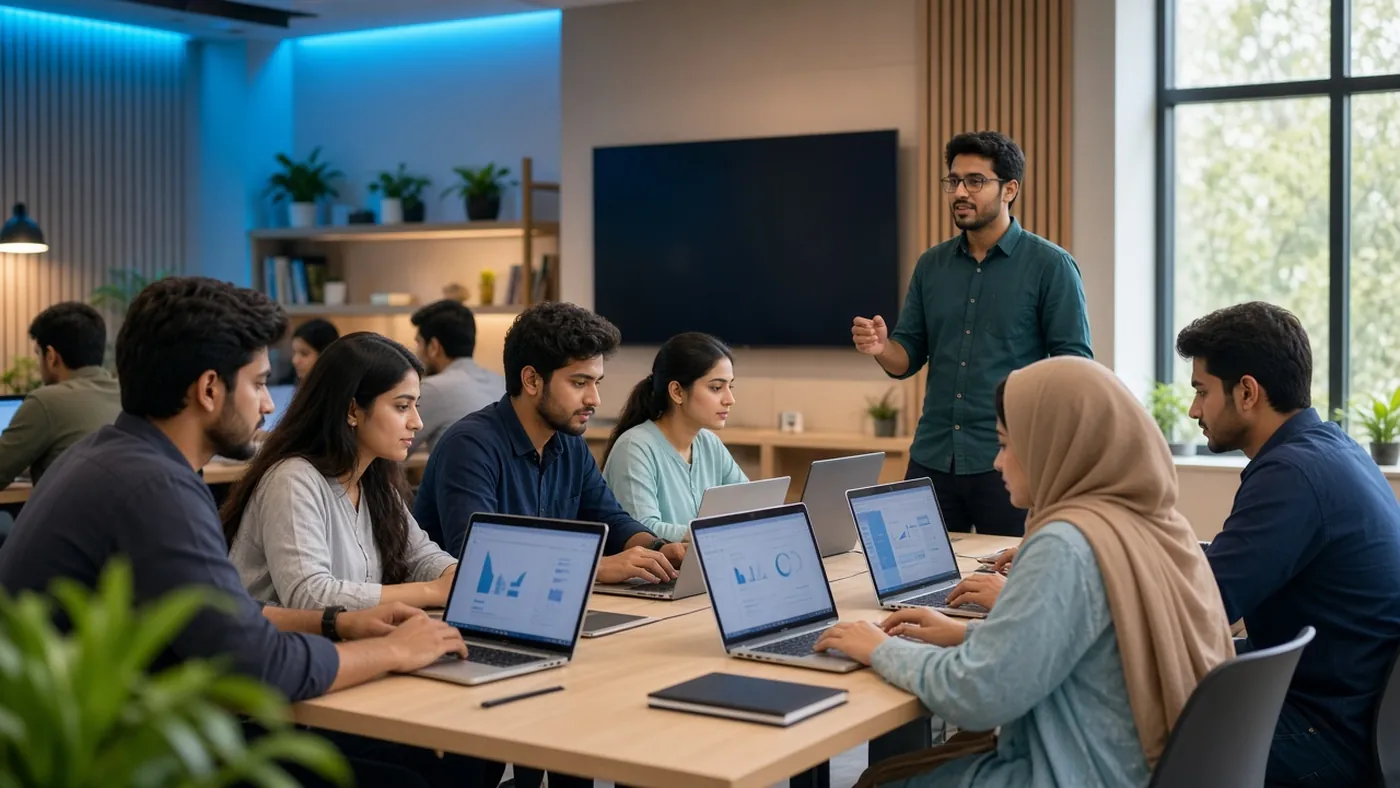 Students learning digital marketing and AI on laptops in a modern classroom at Build Skills Institute Islamabad