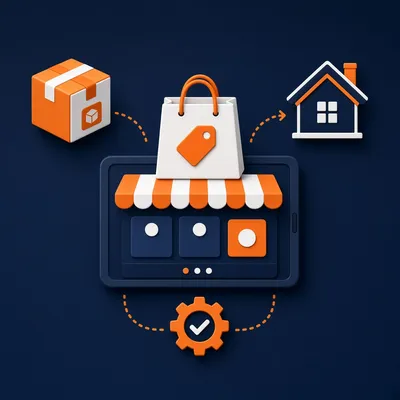 Tablet storefront with shopping bag linking supplier box to customer home – dropshipping and Shopify course