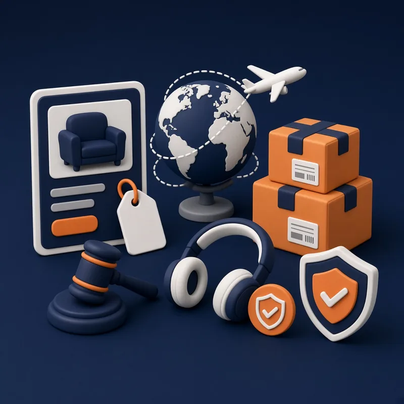 Product listing with price tag and auction gavel, globe with airplane route, labelled parcels and seller health shield – eBay selling course in Islamabad