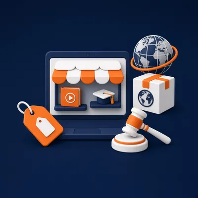 Online storefront on a laptop with price tag, auction gavel and international parcel – eBay selling course