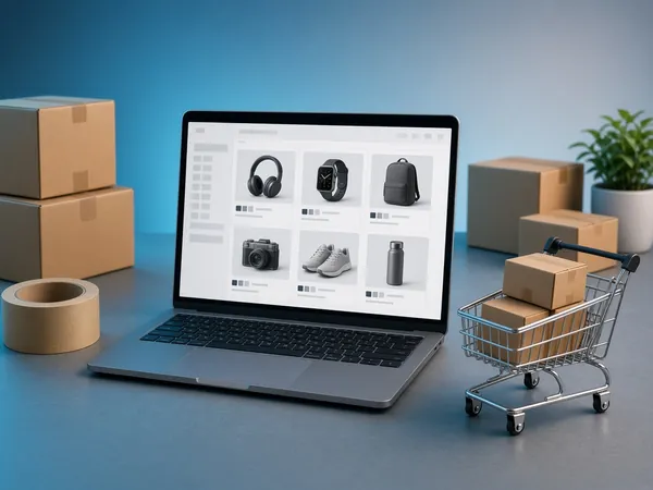 Laptop with an online store and parcels for the ecommerce and online selling course