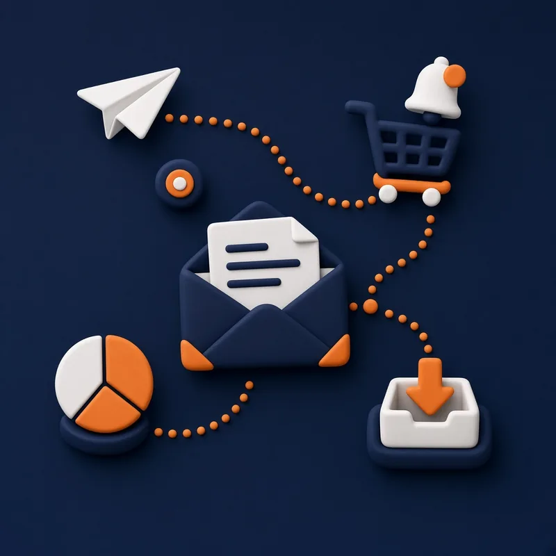 Open envelope with letter, paper plane on an automation path, abandoned cart bell, inbox tray and open-rate chart – email marketing course in Islamabad