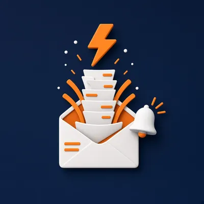 Open envelope with emails flowing out, lightning bolt and notification bell – email marketing automation course