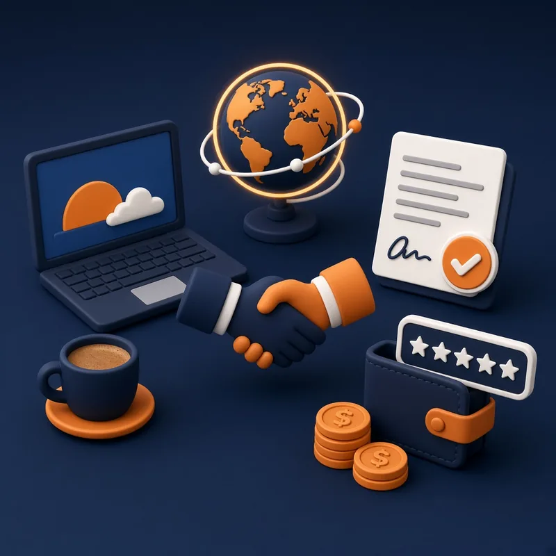 Laptop, glowing globe, handshake, signed contract, five-star rating and wallet with coins – freelancing and client acquisition course in Islamabad