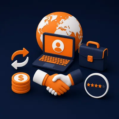 Laptop, globe, briefcase, handshake and five-star rating – freelancing and client acquisition course