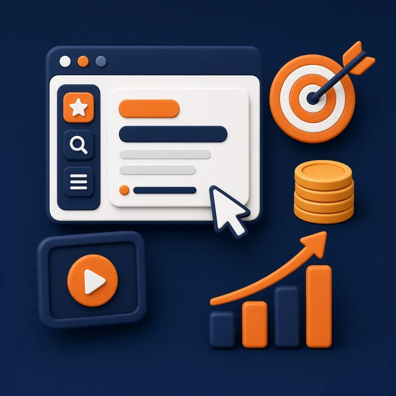 Sponsored search ad being clicked, video ad play button, target, coins and rising ROI chart – Google Ads and SEM course in Islamabad