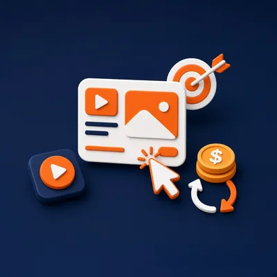 Sponsored search ad card with click cursor, target and coins – SEM and Google Ads course