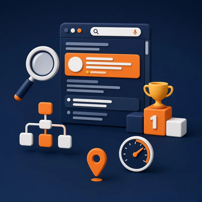 Laptop-style search results page with the top result highlighted, magnifying glass, number one trophy podium, sitemap and speed gauge – SEO course in Islamabad