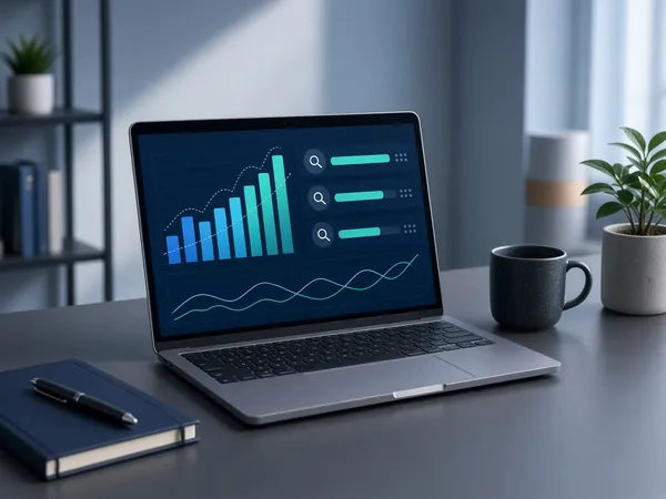 Laptop showing search ranking charts for the SEO course