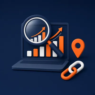 Laptop with magnifying glass over rising search ranking charts, map pin and link chain – SEO course at Build Skills Institute Islamabad