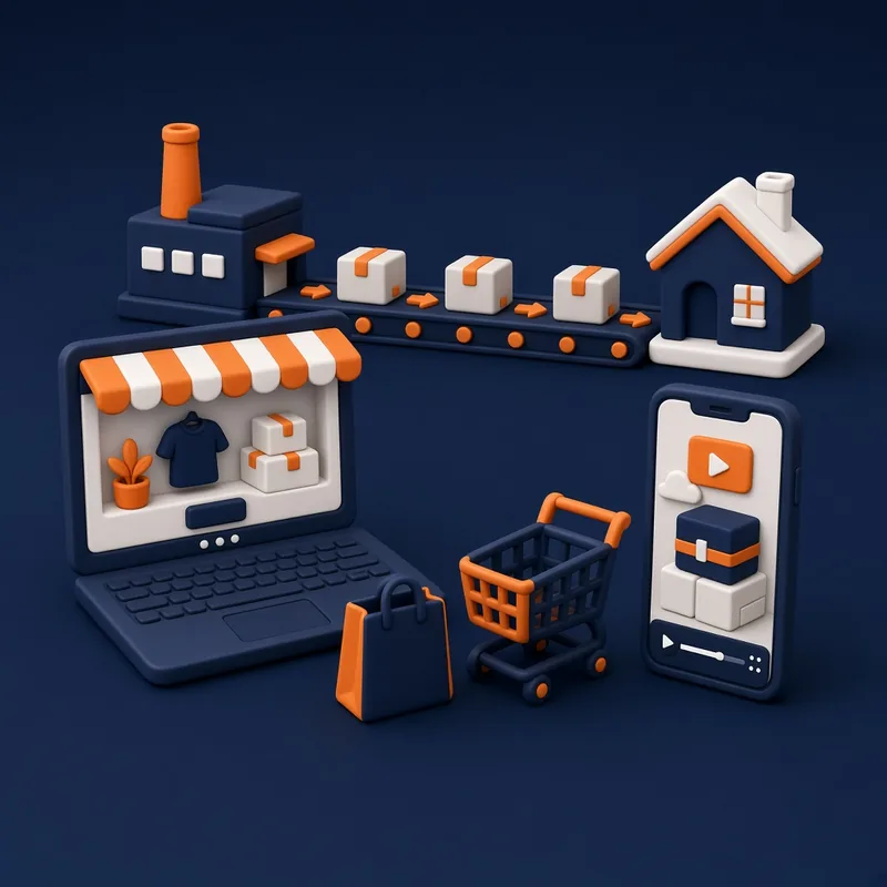 Online storefront on a laptop, shopping cart and bag, video ad on phone and conveyor of parcels from supplier to home – Shopify dropshipping course in Islamabad