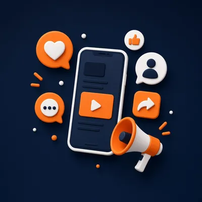 Smartphone with likes, comments, share icons and megaphone – social media marketing course