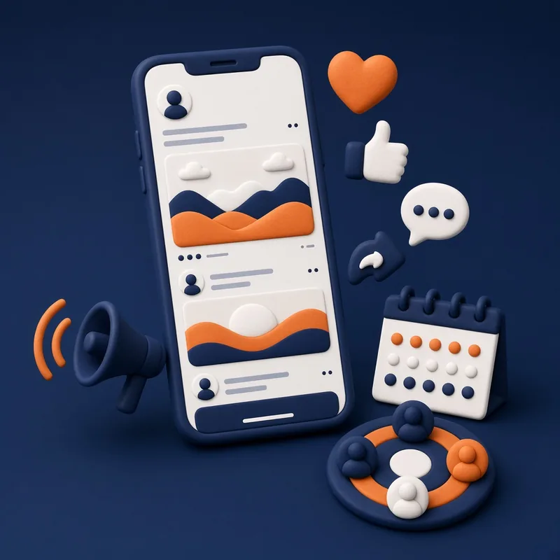 Smartphone social feed with like, comment and share icons, megaphone, content calendar and audience targeting ring – social media marketing course in Islamabad