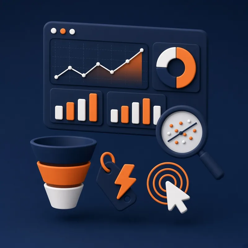 Analytics dashboard with line, bar and donut charts, conversion funnel, tag trigger and click tracking – web analytics course in Islamabad